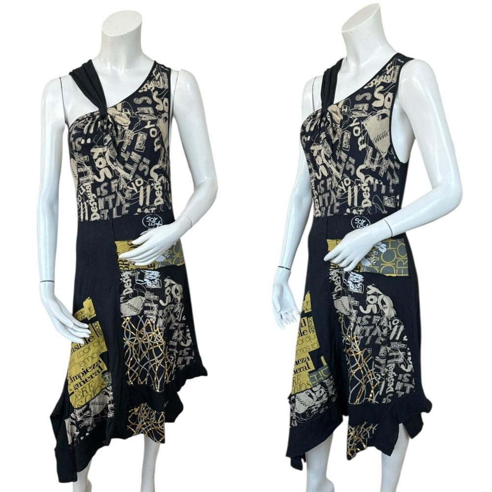 Desigual Asymmetrical Black Gold Brown One Shoulder Style Patchwork Midi Dress L